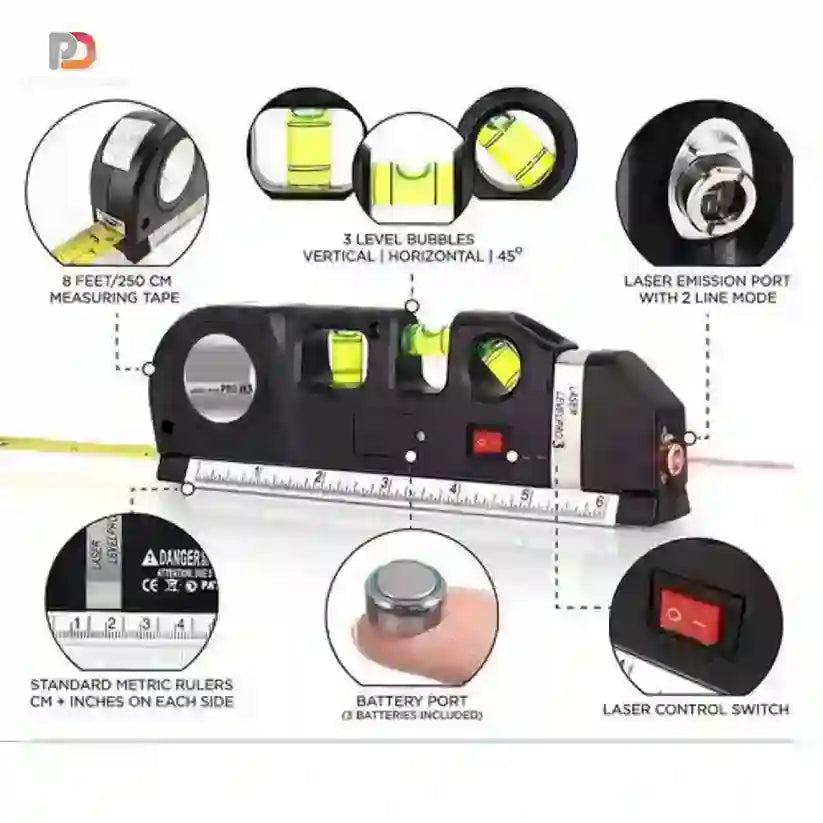 4 in 1 Fixit Laser Level Pro 3 Multi-Purpose DIY Measuring Tool With 8 Feet Tape