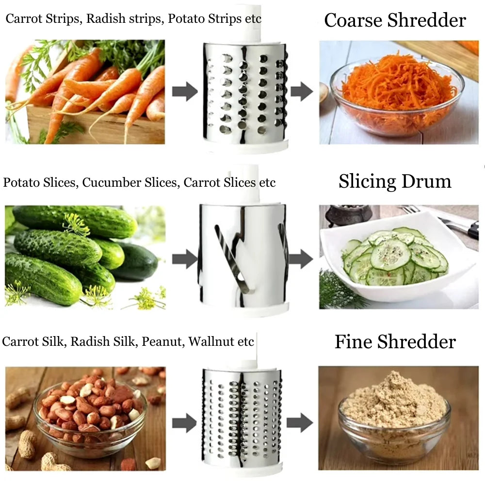 3 in 1 Rotary Drum Grater, Vegetable / Cheese Slicer, Shredder and Grater. (Kaddu Kash